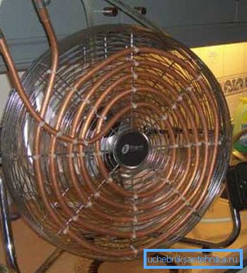 Na foto-domaćem ventilatoru od ventilatora i bakarne cevi. Na foto-domaćem ventilatoru od ventilatora i bakarne cevi.